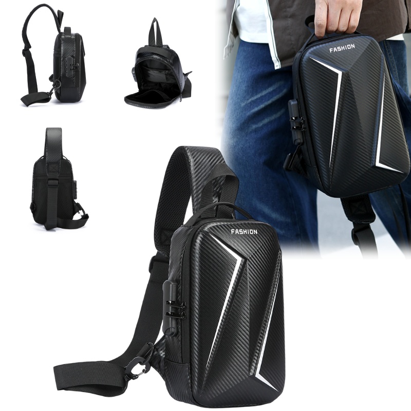 Men Accessories Box - กระเป๋าสะพายข้างผู้ชาย ล็อคเพื่อความปลอดภัย ลายคาร์บอน ทนต่อการกระเซ็น กระเป๋าแข็งหลายชั้น สำหรับการเดินทางในเมืองและการเดินทางประจำวัน