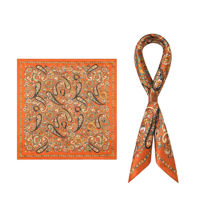 Mens Accessories Style - ชุดผ้าพันคอไหมผู้ชายสไตล์เรโทร Orange Ameczkii ลายเพสลีย์ ผ้าพันคอสี่เหลี่ยมเล็ก พร้อมโบว์ผูกสไตล์อังกฤษ