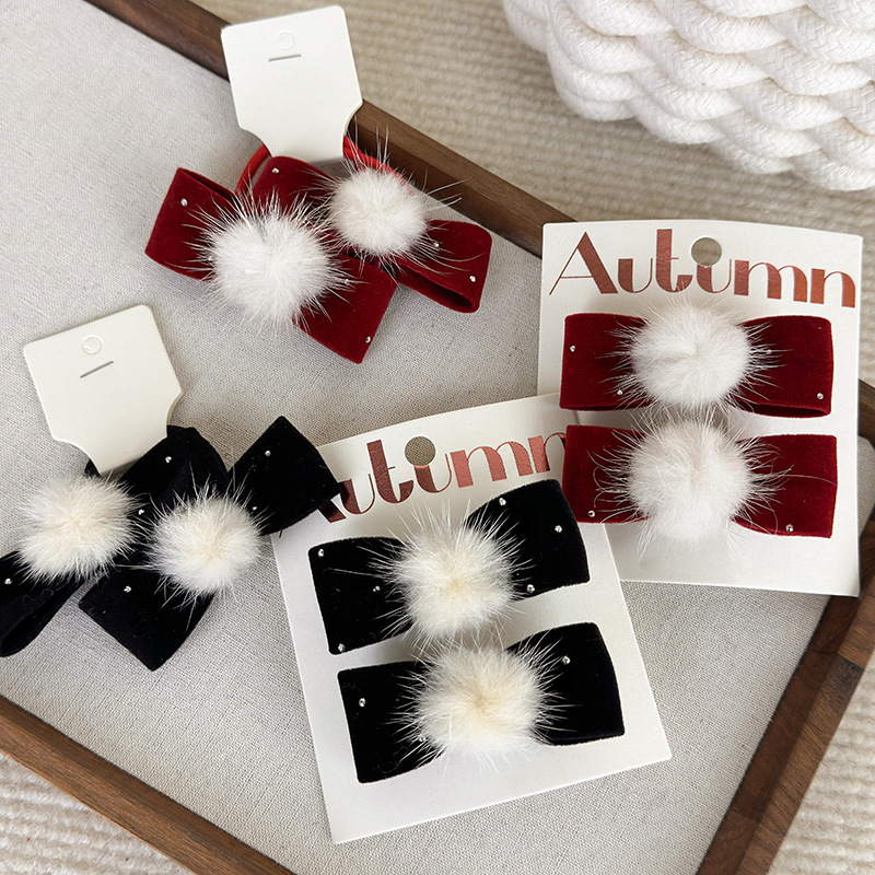 Tie Clip Set - ชุดกิ๊บติดผมยางรัดศีรษะกำมะหยี่ฤดูหนาวผมมิงค์กิ๊บติดผมคริสตัลโบว์ติดผมผูกผมผ้าโพกศีรษะเด็กปีใหม่ Bando cantik เด็กผู้หญิง